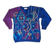 Petite Sophisticate Blue Purple Beaded Printed Funky 3/4 Sleeves Sweater Large