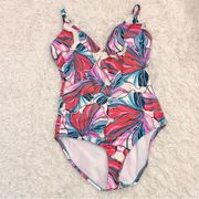 Jantzen Floral Ruffle One Piece Swimsuit Pink Blue Size 10