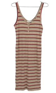 Lush Beige Ribbed Striped V-Neck Tank Midi Dress