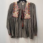 Miami Boutique Embroidered Peasant Boho Striped Blouse Top Tassels small