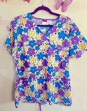 Dickies Spring Floral V-Neck Scrub Top w Pockets (with tie back & synching) -Med