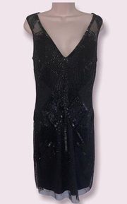 Aidan Mattox Black Beaded Sequin Deco Flapper Sleeveless Cocktail Dress -size 8