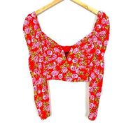 NWT Zara Red Floral Puff Long Sleeve Sweetheart Crop Blouse XS