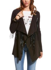 Trenton Black Faux Leather Fringed Waterfall Open Front Cardigan