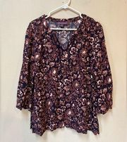 Gloria Vanderbilt Women’s Navy Blue Orange Floral Paisley 3/4 Sleeve Blouse XL