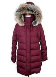 Lands End Down Puffer Jacket Womens Small Maroon Faux Fur Hooded Zip Parka Coat