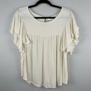 Forgotten Grace Cream Smocked Flutter Short Sleeve Blouse Size XL NWOT