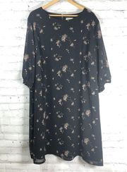 Ava & Viv Midi Dress Sz 3X Black Floral Chiffon 3/4 Sleeve Round Neck Dandelion