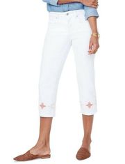 NYDJ Marilyn Crop Straight Southwestern Embroidered Hem White Jeans Womens Sz 2