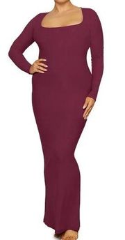 Skims Lounge Ribbed Long Sleeve Midi Dress Medium in Wine