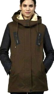 Lacoste Women's Olive Green Fleece Long Hooded Winter Parka Coat