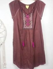 Anthropologie MAEVE Marbella Dress Brown Tunic Tie Neck Sequin Bib, Size 2