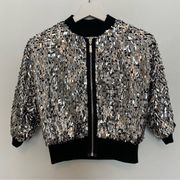 NEW Marineblu Silver Sequin Cropped Short Sleeve Bomber Jacket | Small