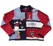 Vintage 90s Christmas Cardigan Embroidered Patches by Karen Scott Extra Large XL