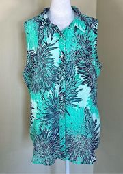 Liz Claiborne Tropical Blue and Green Sleeveless Button Down Tank Top - Size XL