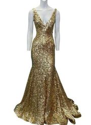Jovani  Gold Sequin Open Back V-neck Prom Pageant Gown Size 2 NWT