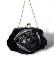 Black 3D Oversized Rosette Evening Bag Silver Chain Strap Kiss Clasp Retro