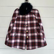 Crown & Ivy Women’s Petite Large Plaid Cape Coat Faux Fur New NWT