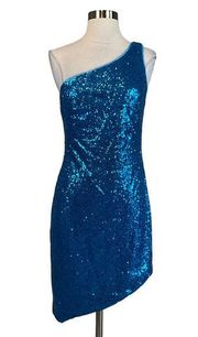 Women's Cocktail Dress by AQUA Size Medium Blue Sequin One Shoulder Mini Sheath