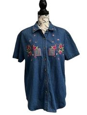 CABIN CREEK Womens Size L Vintage Floral Button Up Denim Shirt Retro Embroidered