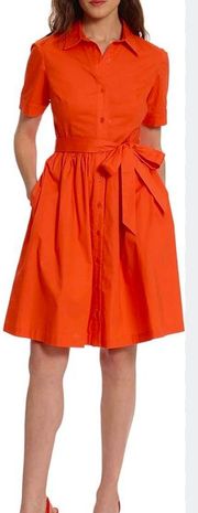 Orange Fit Flare Button Front Tie Waist Dress Bow 6 Preppy