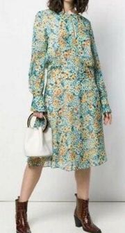 Equipment Femme Silk Magnolia Fountain Bleu Floral Midi Dress Size 4