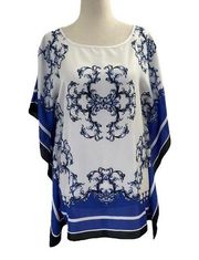 Dana Buchman White & Blue Scarf Satin Blouse Women Size XS | 47-21