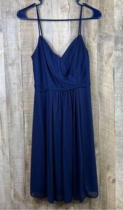 David’s Bridal Size 6 V-Neck Navy Blue Surplice Peplum Chiffon Dress w/L…