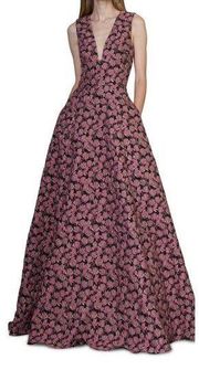 Monique Lhuillier Deep V-Neck Sleeveless Floral Jacquard A-Line Gown Women's 10