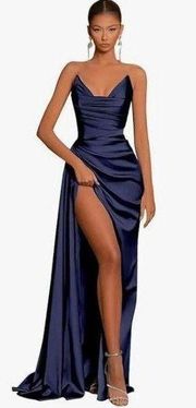 Navy Blue Silk Prom Dress