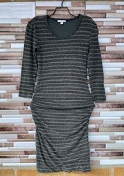 Standard James Perse Midi Dress Gray Green Striped Ruched Scoop Neck Cotton 1