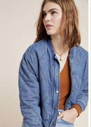 Anthropologie Lindy Denim Quilted Bomber Jacket Size Small Blue Cropped