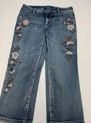 St John's Bay Women's Mid Rise Embroidered Floral Stretch Capri Jeans Blue Sz 6P