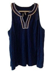 New Directions Womens Plus Size 2X Blue Embroidered Trim Gauze Sleeveless Blouse