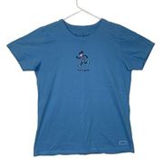 Life is good womens large vintage blue runners tee short sleeve running track CC