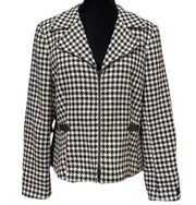 Tribal Houndstooth Jacket Wool Blend Zip Faux Leather Trim Side Buckles Size 16