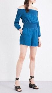 Maje Ilanda Romper XS Off-Shoulder Mini Smocked Linen Peacock Blue Luxury Party