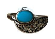 Vintage Turquoise Ring, Sterling Silver Turquoise Floral Etched Ring Sz 5.75