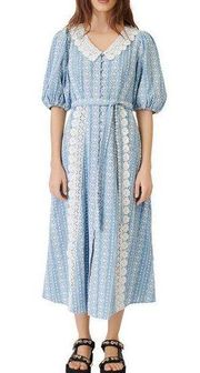 Maje Raviana Lace Collar Light Blue Button Front Puff Sleeve Midi Dress Size 6