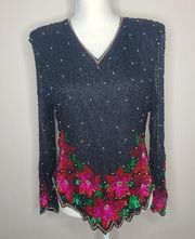 Vintage 80s Laurence‎ Kazar Floral Sequin Top Blouse Red/Green Size Large