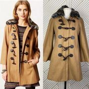 Anthropologie Elevenses Melton Wool Camel Peacoat Toggle Fur Collar Size US 4