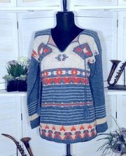 Vintage 70s boho western ethnic art pattern cream blue lightweight sweater sz M