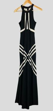 ABS Allen Schwartz Maxi‎ Dress White Sheer Panels Formal Sleeveless Stripes Prom