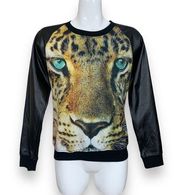 Soho Babe Leopard Face Crew Neck Sweatshirt with Faux Leather Sleeves Large