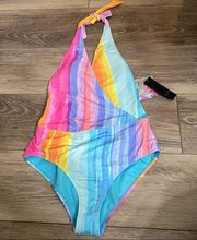 Rachel Roy colorful rainbow halter one piece swimsuit size small