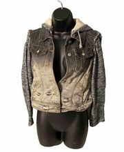 Daytrip Womens Distressed Jean Jacket Hooded Knit Sleeves