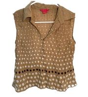 Sunny Leigh Sleeveless Button Down Blouse Tan Polka Dots