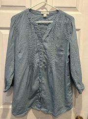 Coldwater Creek 100% Linen Pintuck Tab Front Shirt Top Robins Egg Blue Large