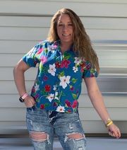 Vintage 90s Carole Little tropical floral linen blouse