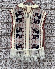 Vintage deer head fringe poncho knit sweater